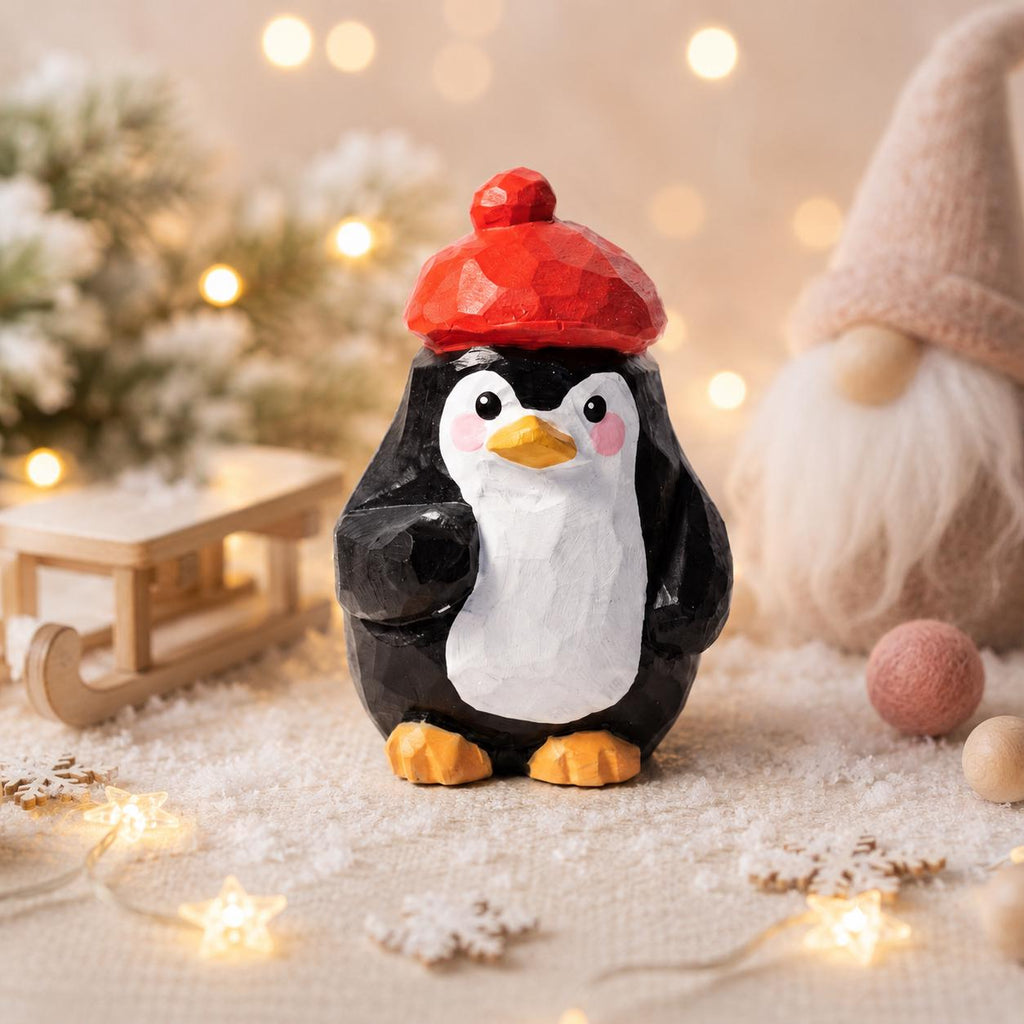 Whimsical Wooden Penguin Figurine in Red Beret, Hand Carved Bird Statue, Cute Desk Decor, Winter Animal Art, Unique Gift for Bird Lover