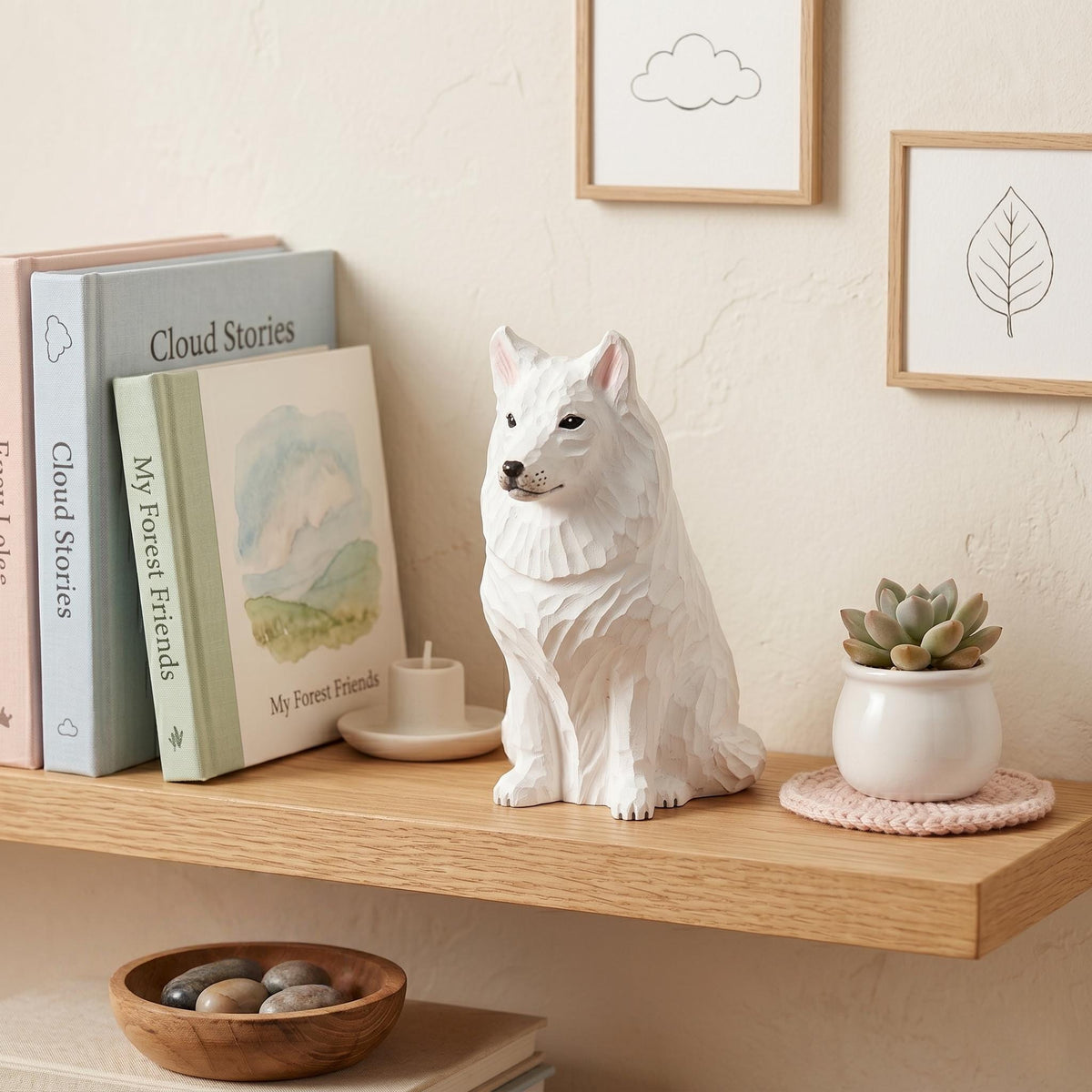 Sweet Hand Carved Wooden Samoyed Dog, Minimalist White Pet Figurine, Rustic Animal Art Sculpture, Thoughtful Dog Lover Gift Memorial