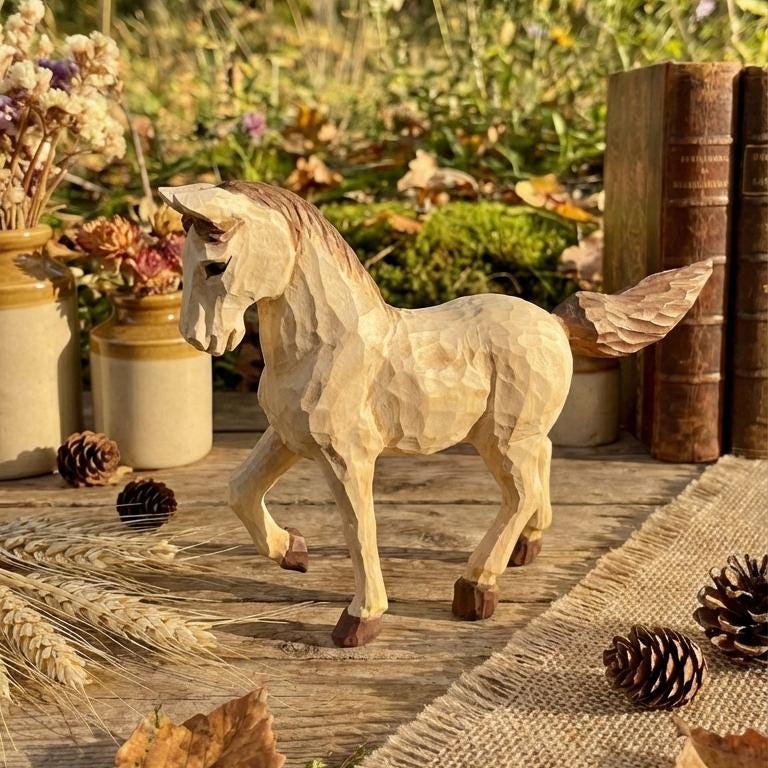Whimsical Hand Carved Wooden Horse Figurine Rustic Pony Sculpture Farmhouse Shelf Decor Artisan Animal Art Unique Equestrian Gift