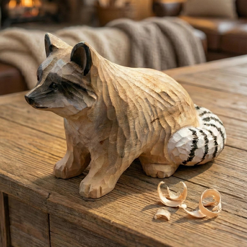 Hand Carved Wooden Raccoon Statue, Rustic Woodland Nursery Decor, Forest Animal Figurine, Garden Ornament