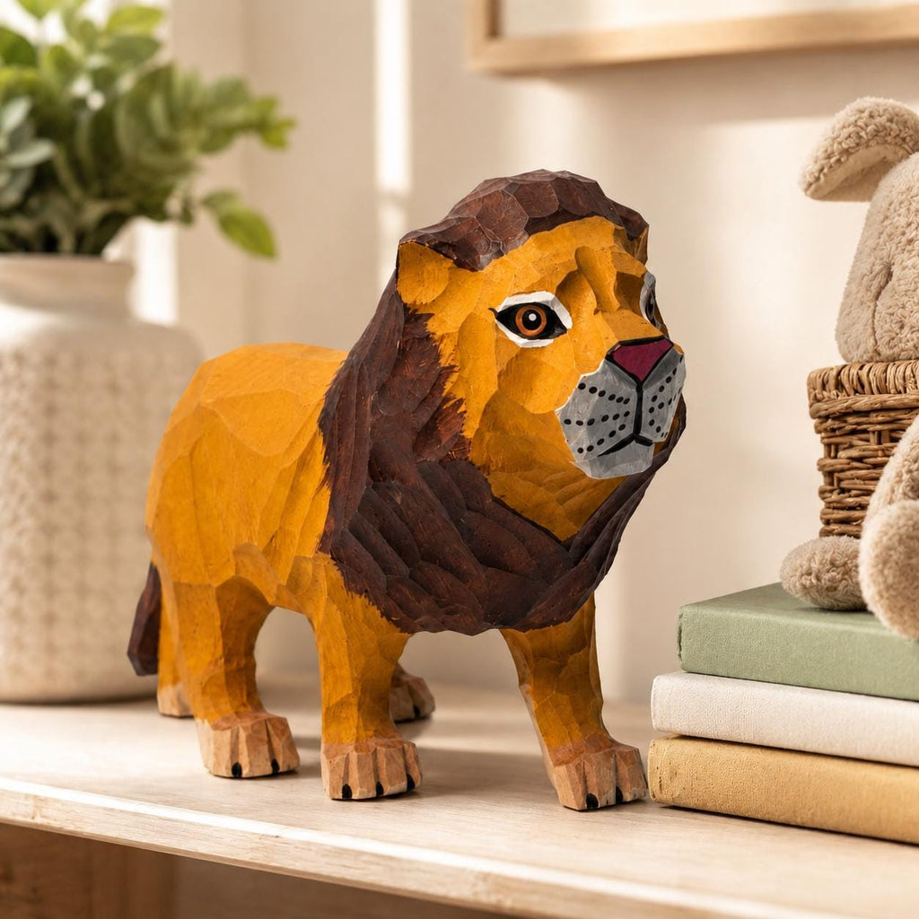Hand-Carved Wooden Lion Figurine | Whimsical Wood Animal Sculpture | Geometric Desk Decor | Safari Lover Gift Idea