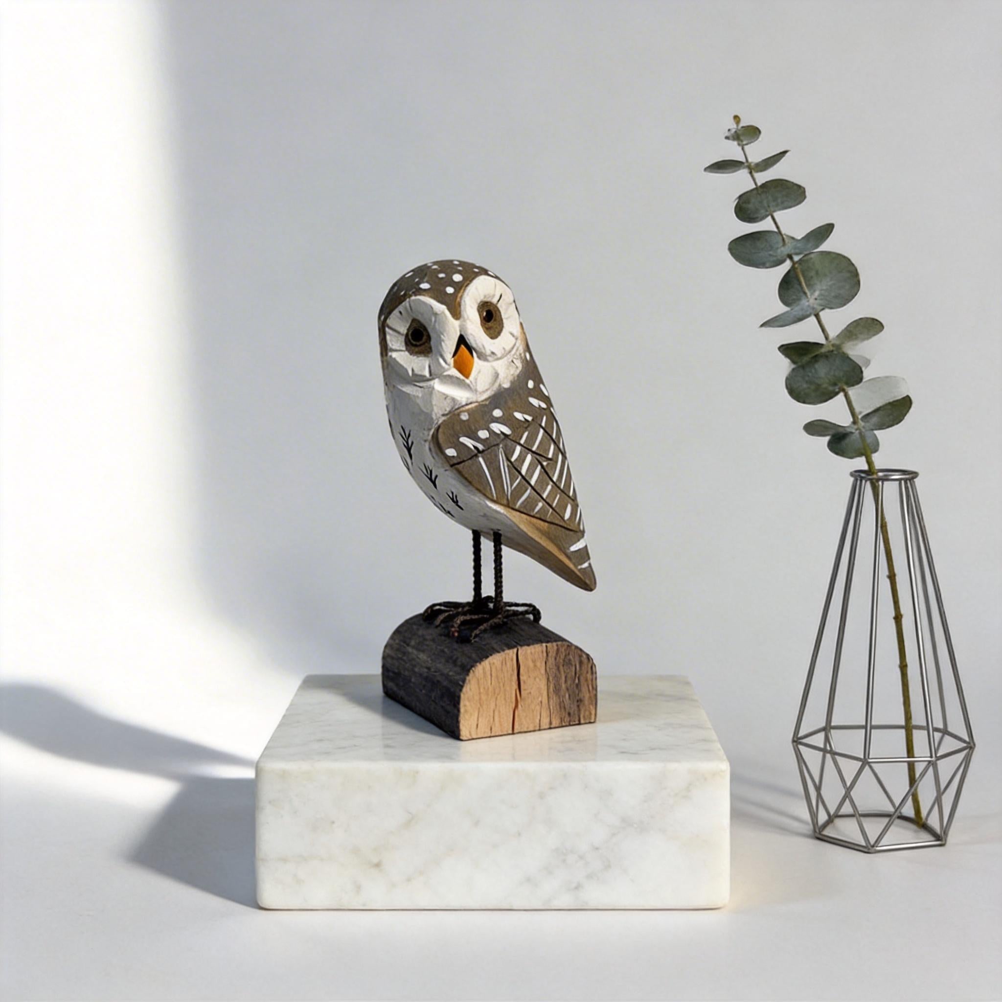Hand-Carved Wooden Owl Figurine | Rustic Log Woodland Bird Shelf Decor