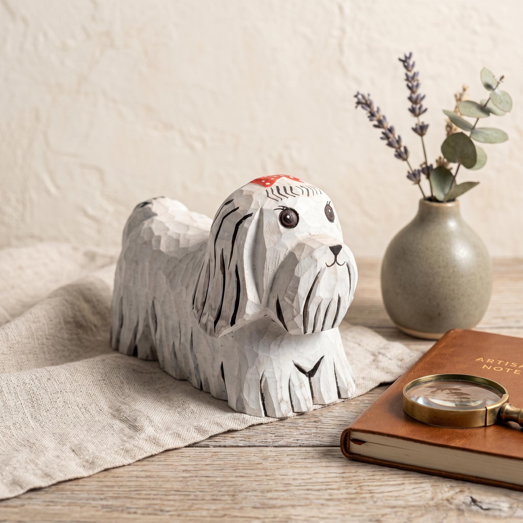 Whimsical Hand-Carved Wooden Dog Figurine White Maltese Shih Tzu Statue Rustic Pet Decor Unique Dog Lover Gift Handmade Animal Art
