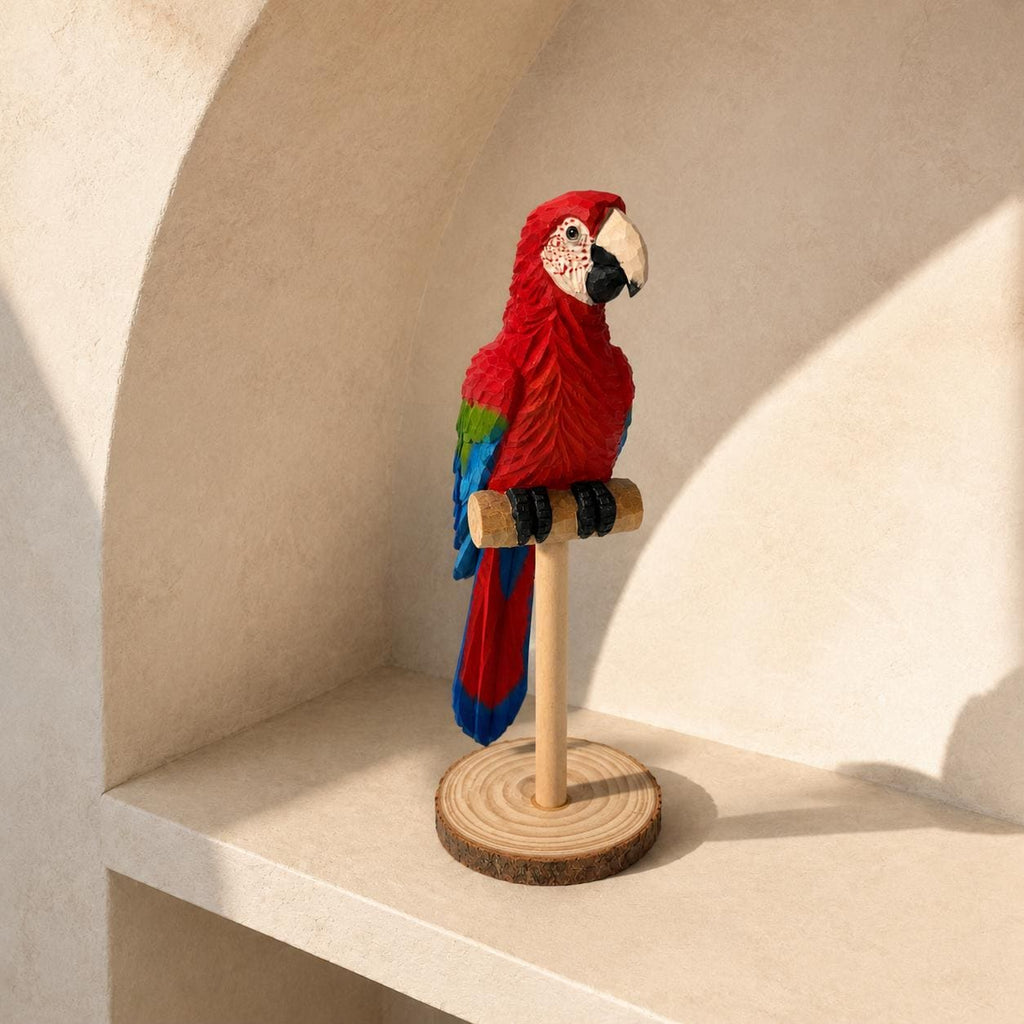 Vibrant Scarlet Macaw Wood Carving Tropical Bird Decor Wooden Parrot Figurine Unique Gift for Bird Lover