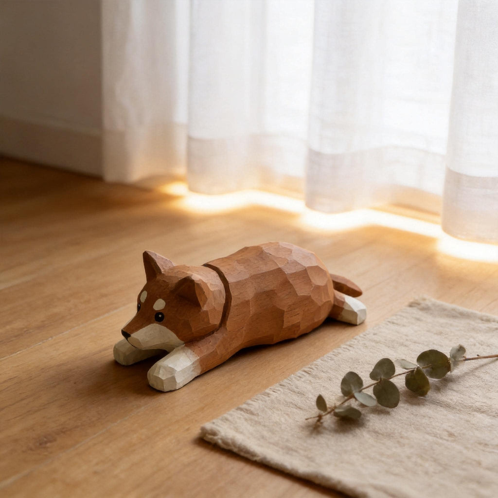 Sleepy Shiba Inu Wood Carving Cute Lying Dog Figurine Handmade Desk Pet Decor Gift for Dog Lovers