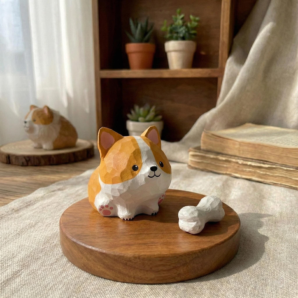 Wooden Corgi Figurine with Bone, Miniature Dog Statue, Whimsical Desk Decor, Corgi Lover Gift