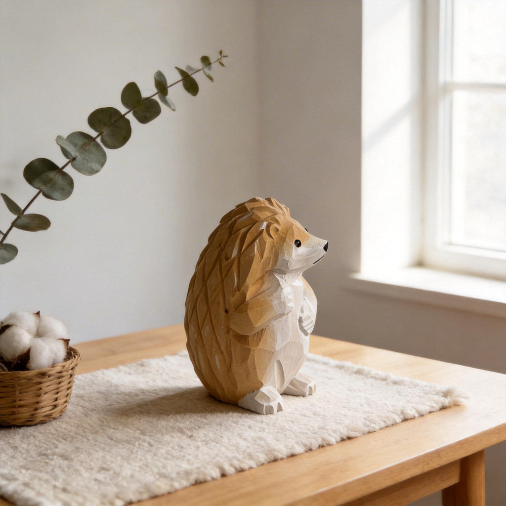 Hand Carved Wooden Hedgehog Figurine, Grumpy Woodland Animal Decor, Whimsical Desk Pet, Rustic Shelf Sitter, Unique Gift for Nature Lover