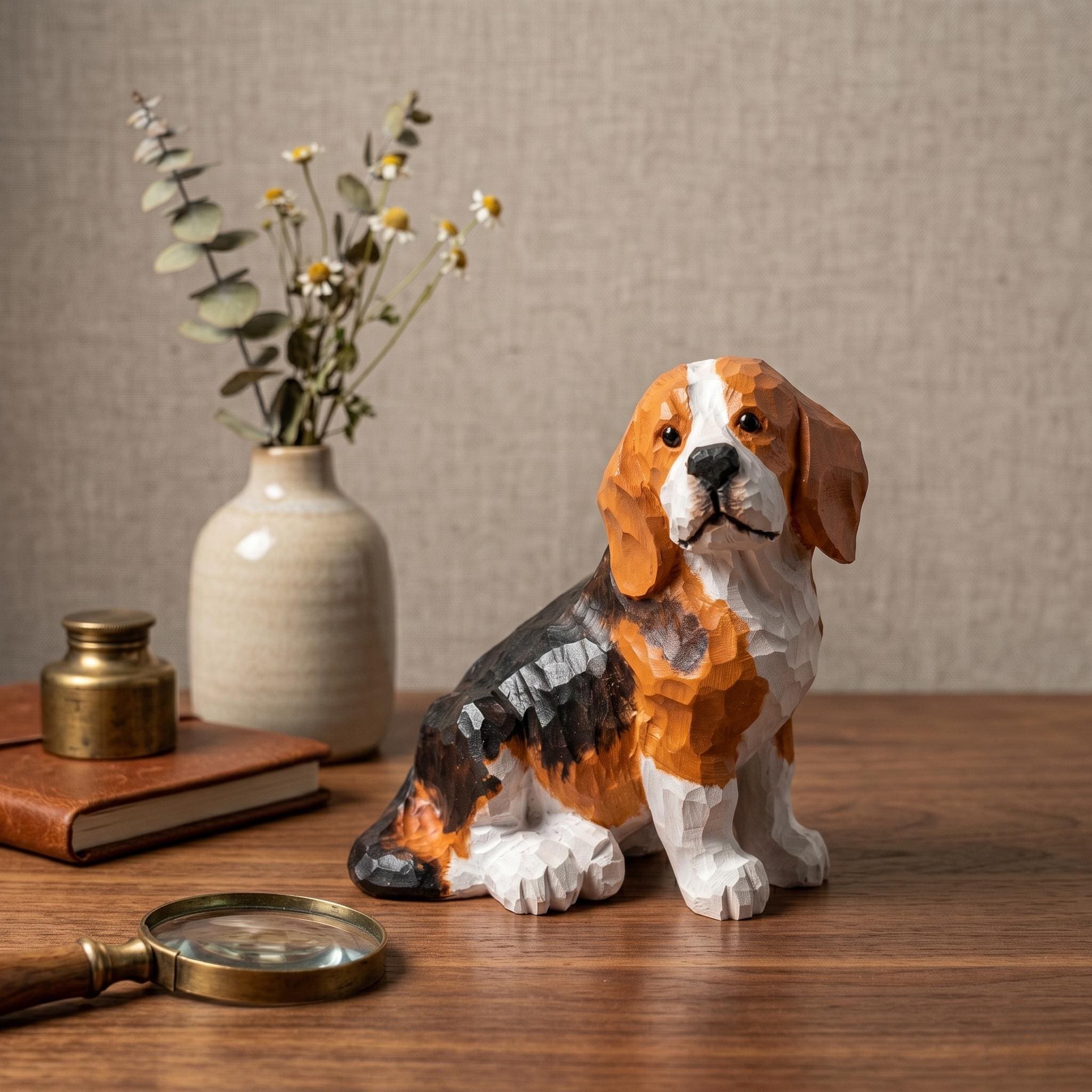 Hand Carved Wooden Beagle Figurine, Rustic Dog Lover Decor, Wood Dog Sculpture, Pet Memorial Gift, Handmade Dog Statue For Desk Shelf