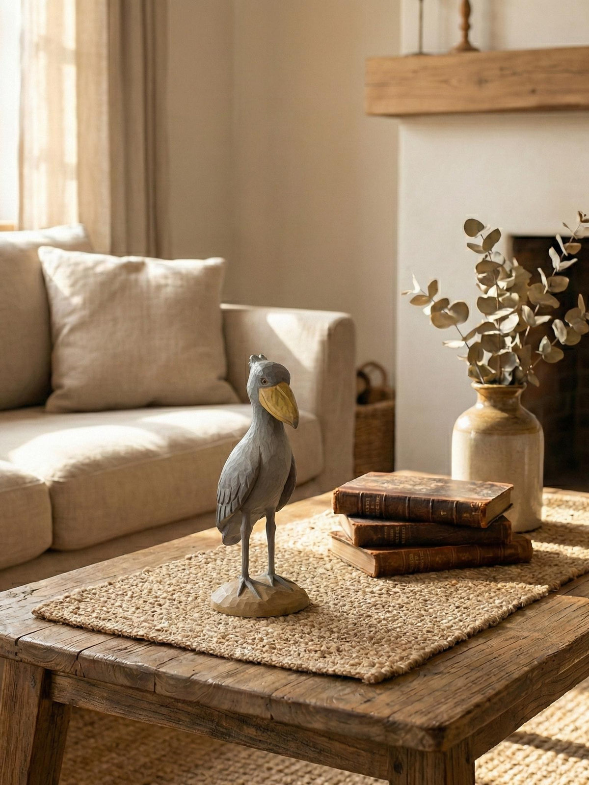 Hand Carved Wooden Shoebill Stork Statue, Rustic Bird Decor