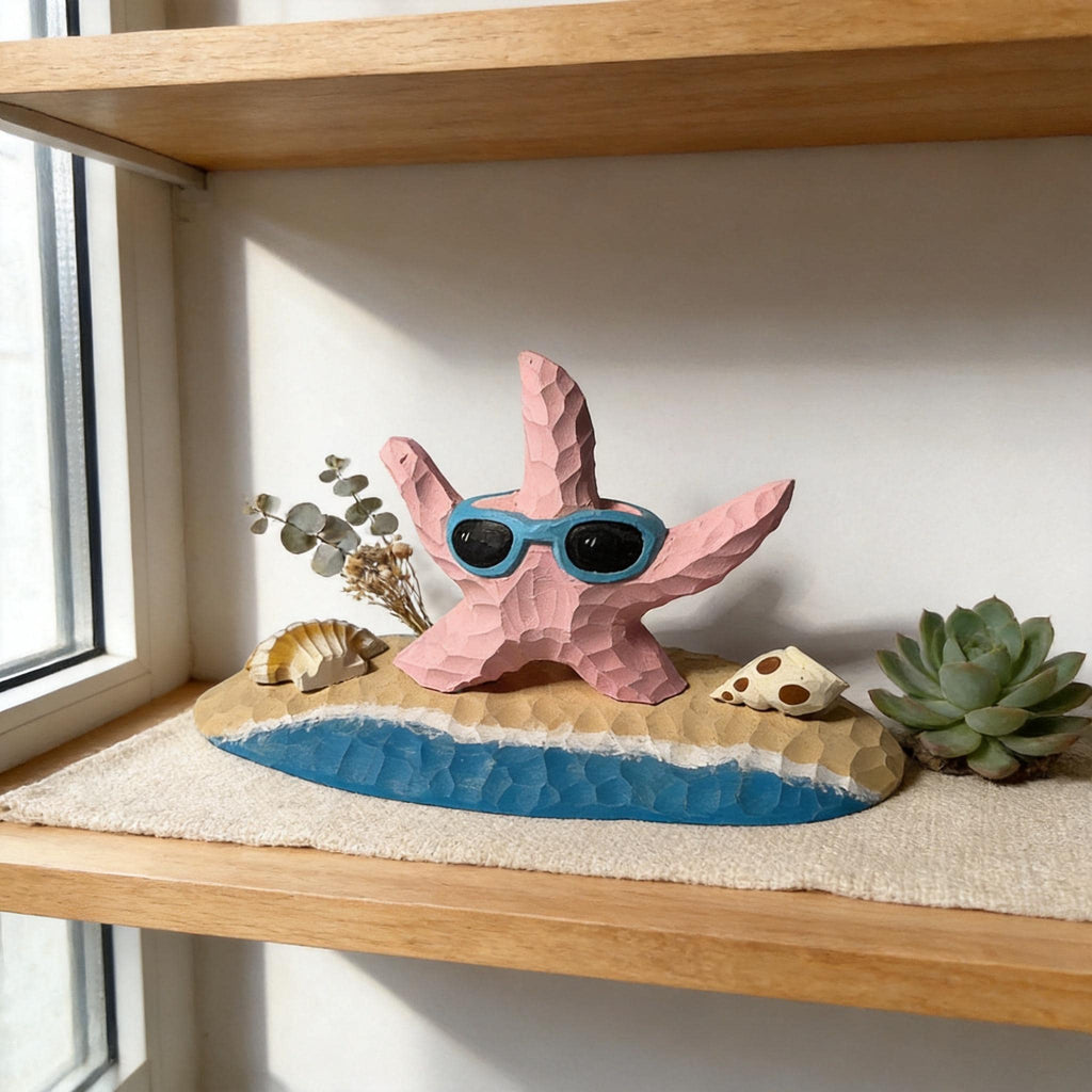 Whimsical Pink Starfish Wood Carving, Beach House Decor, Sunglasses Starfish Figurine, Coastal Shelf Decor, Unique Summer Lover Gift