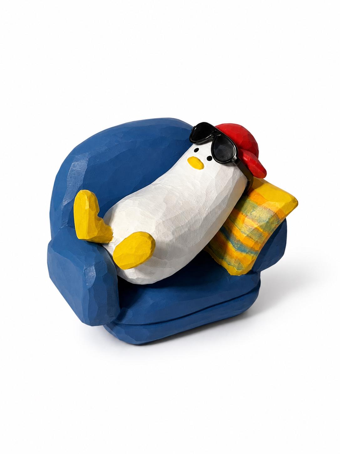 Funny Wooden Duck in Armchair Figurine, Hand Carved Chill Bird Decor, Whimsical Desk Accessory, Unique Gift for Coworker or Friend