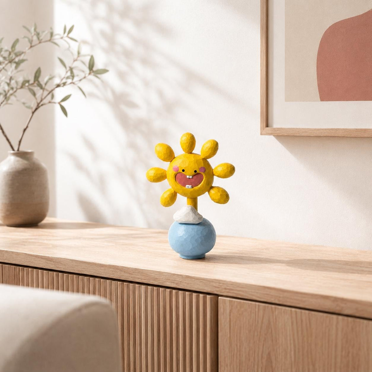 Hand Carved Wooden Sun Figurine, Smiley Sun on Blue Globe, Cheerful Yellow Sun Sculpture, Fun Kids Room Decor, Unique Sunshine Gift