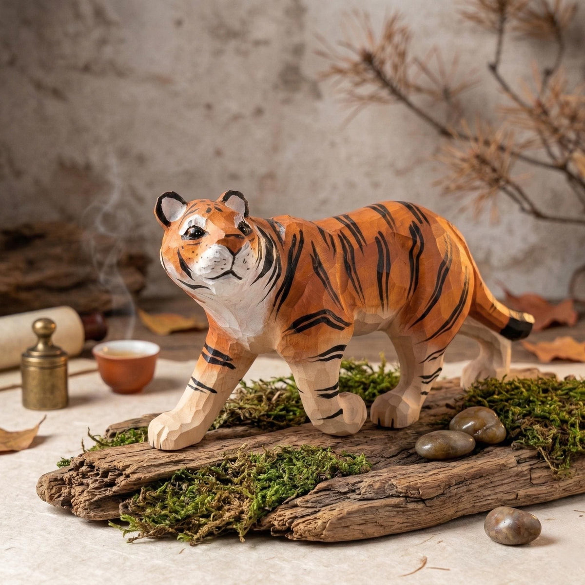 Hand-Carved Wood Tiger Figurine, Artisan Animal Sculpture, Jungle Nursery Decor, Tiger Statue