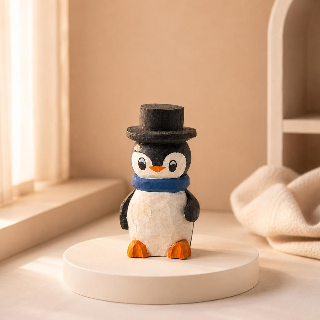 Whimsical Wooden Penguin Figurine, Hand Carved Bird, Top Hat Winter Decor, Rustic Wood Animal, Cute Christmas Gift