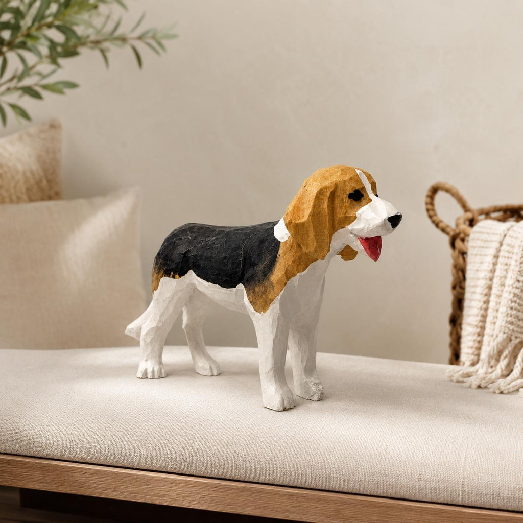Hand-Carved Wooden Beagle Figurine | Tricolor Hound Dog Sculpture | Whimsical Pet Desk Decor | Dog Mom Gift Idea