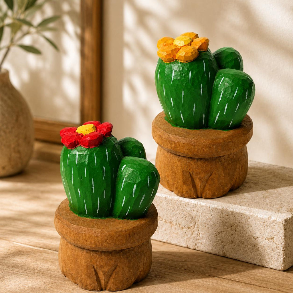 Hand Carved Wooden Cactus in Pot | Painted Succulent Figurine with Flower | Desert Plant Desk Decor | Unique Plant Lover Gift