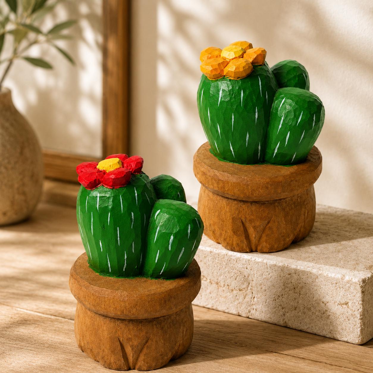 Hand Carved Wooden Cactus in Pot | Painted Succulent Figurine with Flower | Desert Plant Desk Decor | Unique Plant Lover Gift