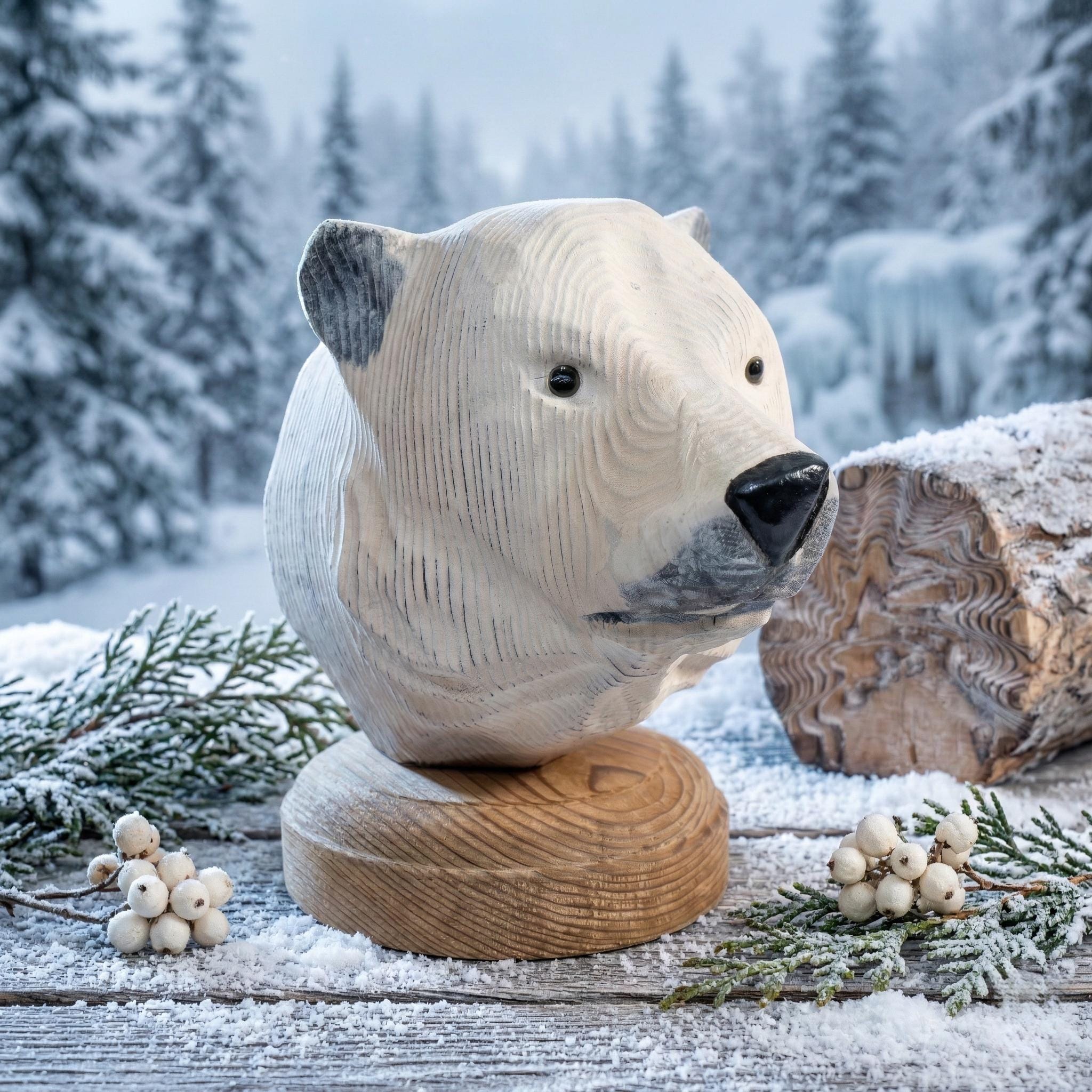 Hand-Carved Wooden Polar Bear Sculpture, Rustic Arctic Animal Decor, Nature Lover Gift