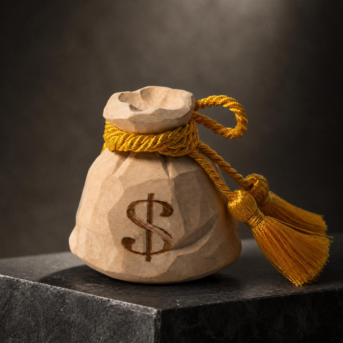 Hand Carved Wooden Money Bag, Dollar Sign Coin Purse Figurine, Gold Tassel Wealth Symbol, Rustic Farmhouse Desk Decor, Lucky Money Gift