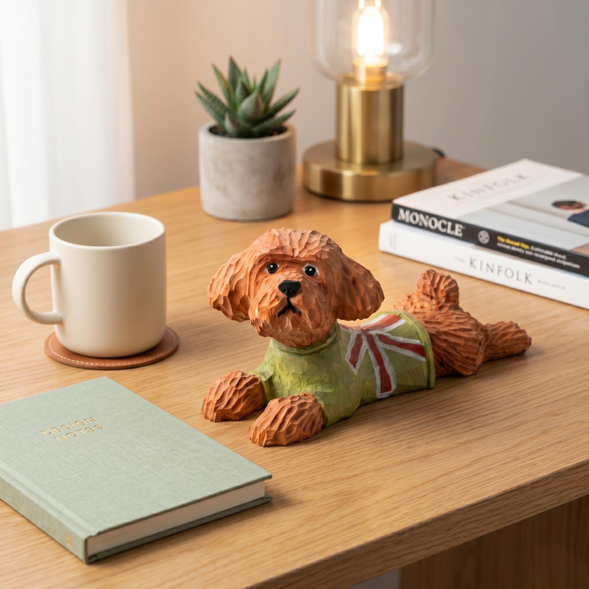 Hand Carved Wooden Poodle Figurine, Whimsical Dog in Green Sweater, Rustic Pet Memorial Art, Unique Gift for Dog Lovers & Pet Moms