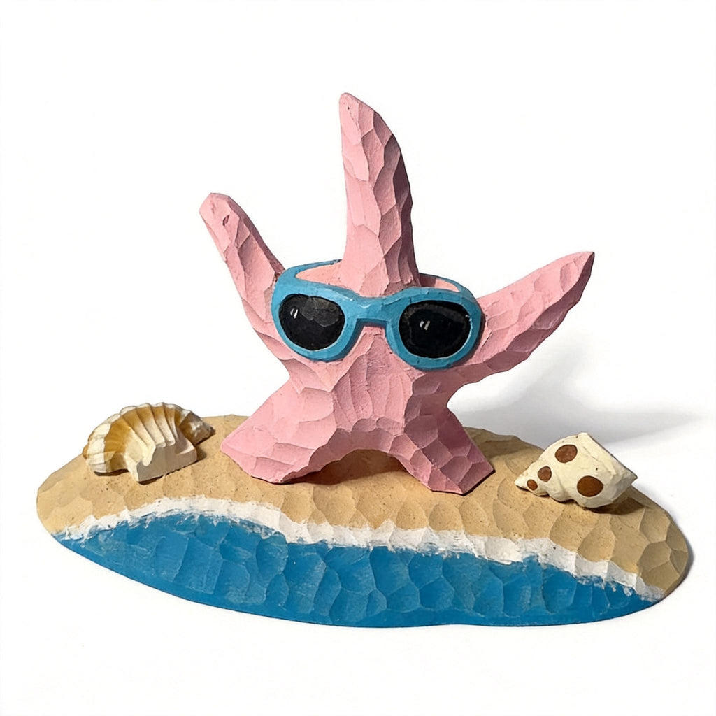 Whimsical Pink Starfish Wood Carving, Beach House Decor, Sunglasses Starfish Figurine, Coastal Shelf Decor, Unique Summer Lover Gift