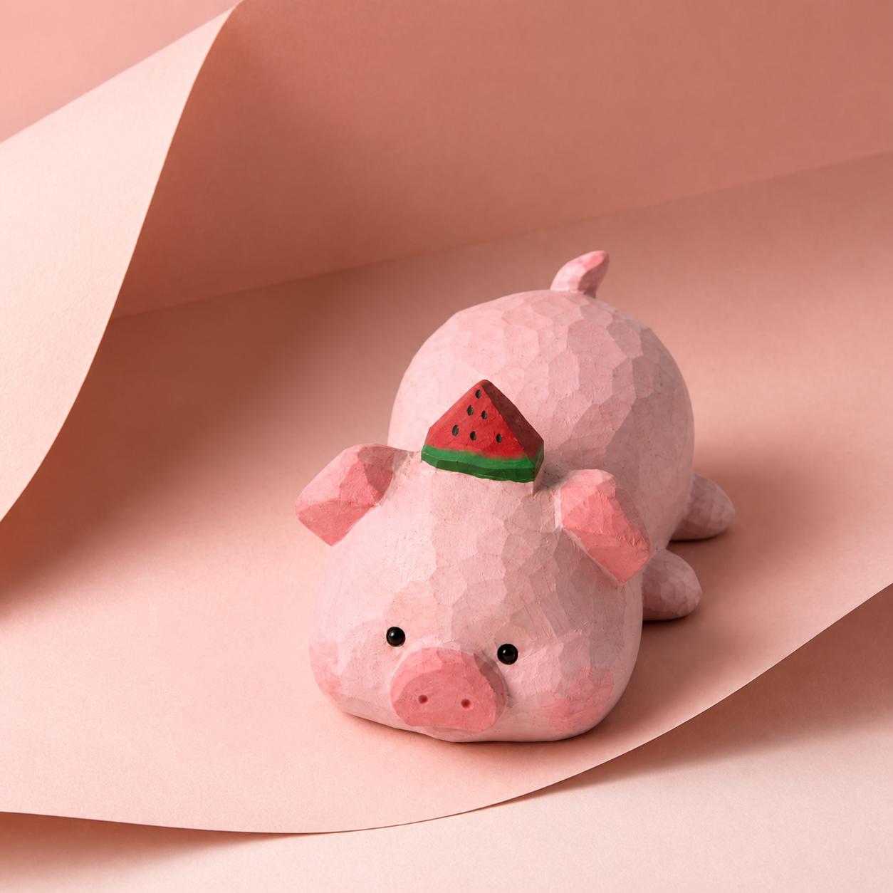 Adorable Wooden Pig Figurine with Watermelon, Hand Carved Animal Decor, Cute Desk Accessory, Unique Gift for Pig Lovers