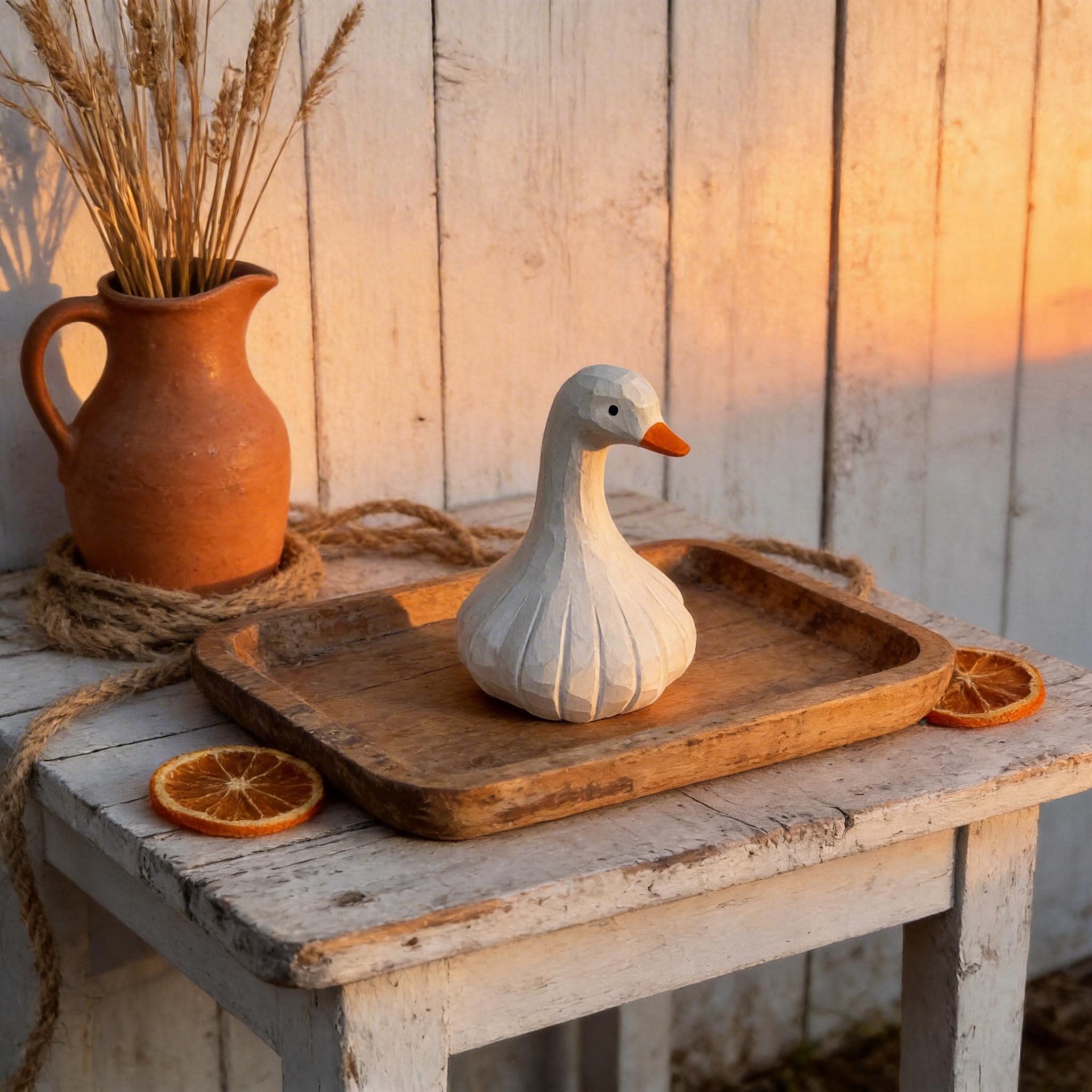 Whimsical Hand-Carved Wooden Goose Figurine, Rustic White Bird Sculpture, Farmhouse Kitchen Decor, Quirky Garlic Goose Art