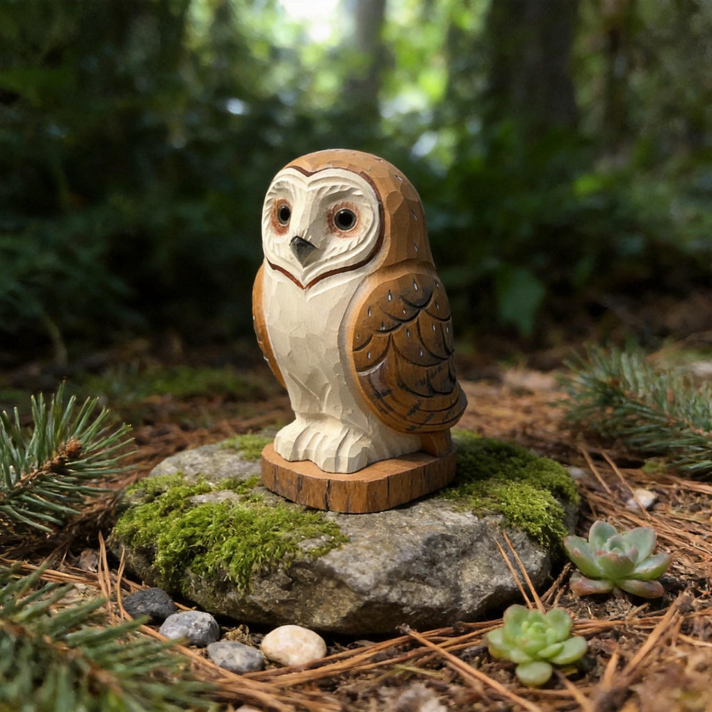 Rustic Wooden Barn Owl Hand Carved Bird Figurine Woodland Decor Unique Owl Lover Gift Hand Painted Wood Animal Statue