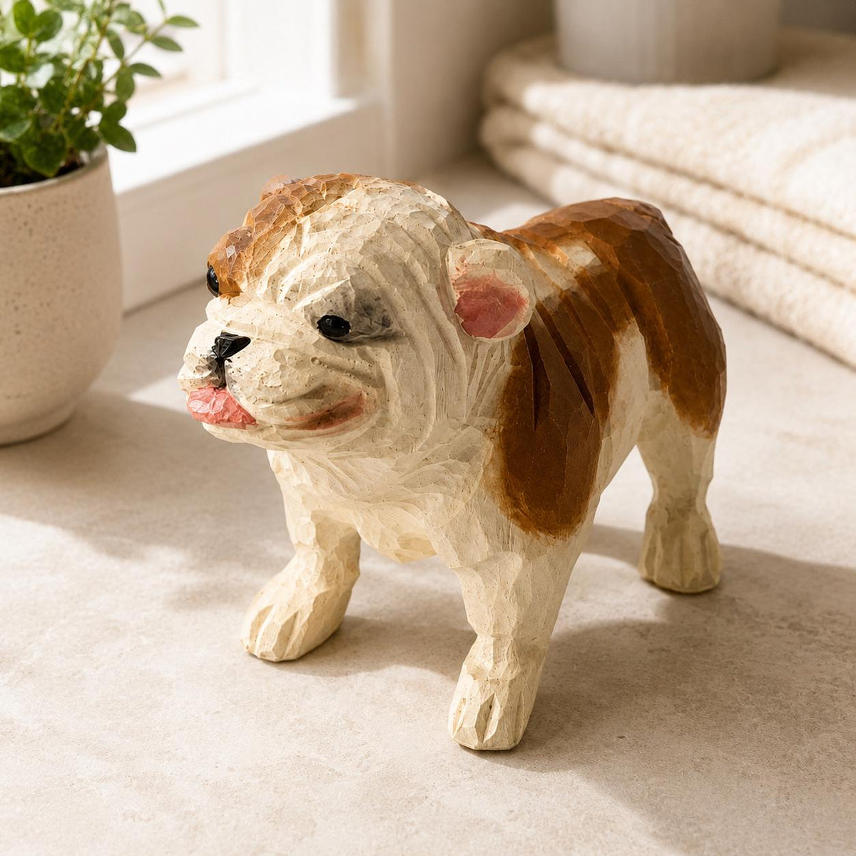 Hand-Carved Wooden Bulldog Figurine | Whimsical British Bulldog Sculpture | Chunky Desk Pet Decor | Dog Lover Gift Idea
