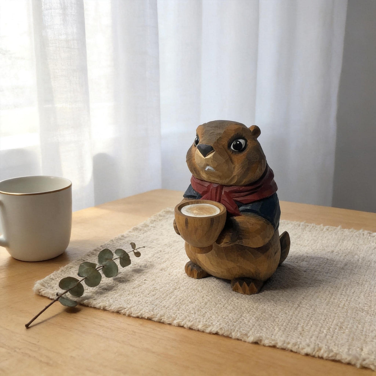 Whimsical Hand-Carved Wooden Groundhog Figurine, Cute Woodchuck Holding Bowl Decor, Cozy Woodland Animal Desk Pet, Nature Lover Gift