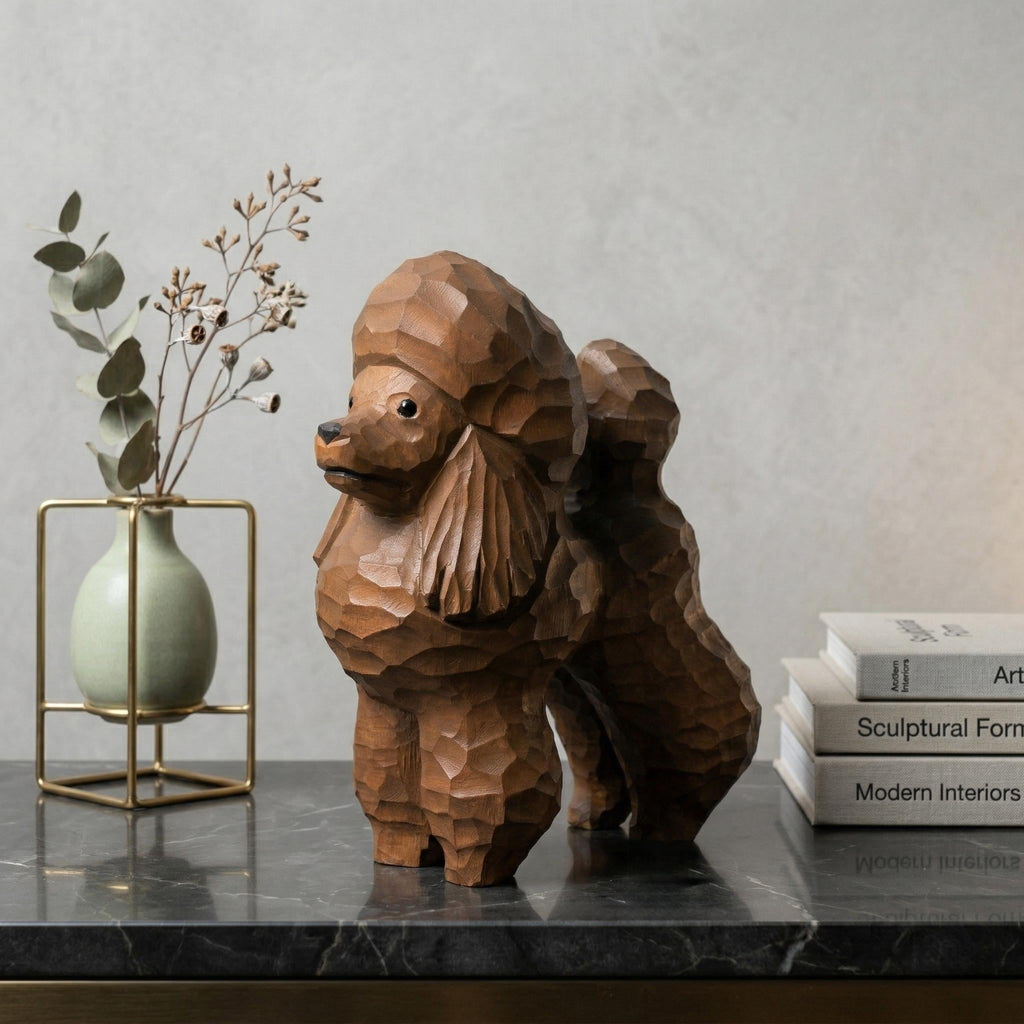 Whimsical Wooden Poodle Figurine Hand Carved Dog Statue Pet Memorial Art Shelf Decor Unique Gift for Dog Lover Dog Mom Gift