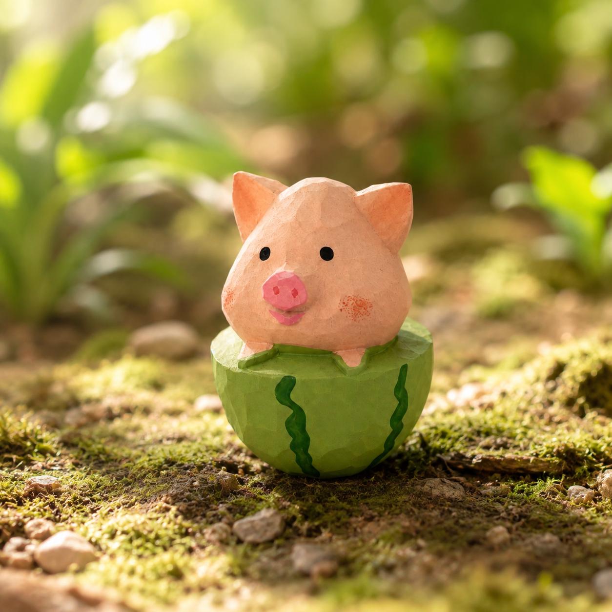 Whimsical Wooden Pig in Watermelon Figurine Hand Carved Miniature Desk Decor Cute Summer Gift for Pig Lovers