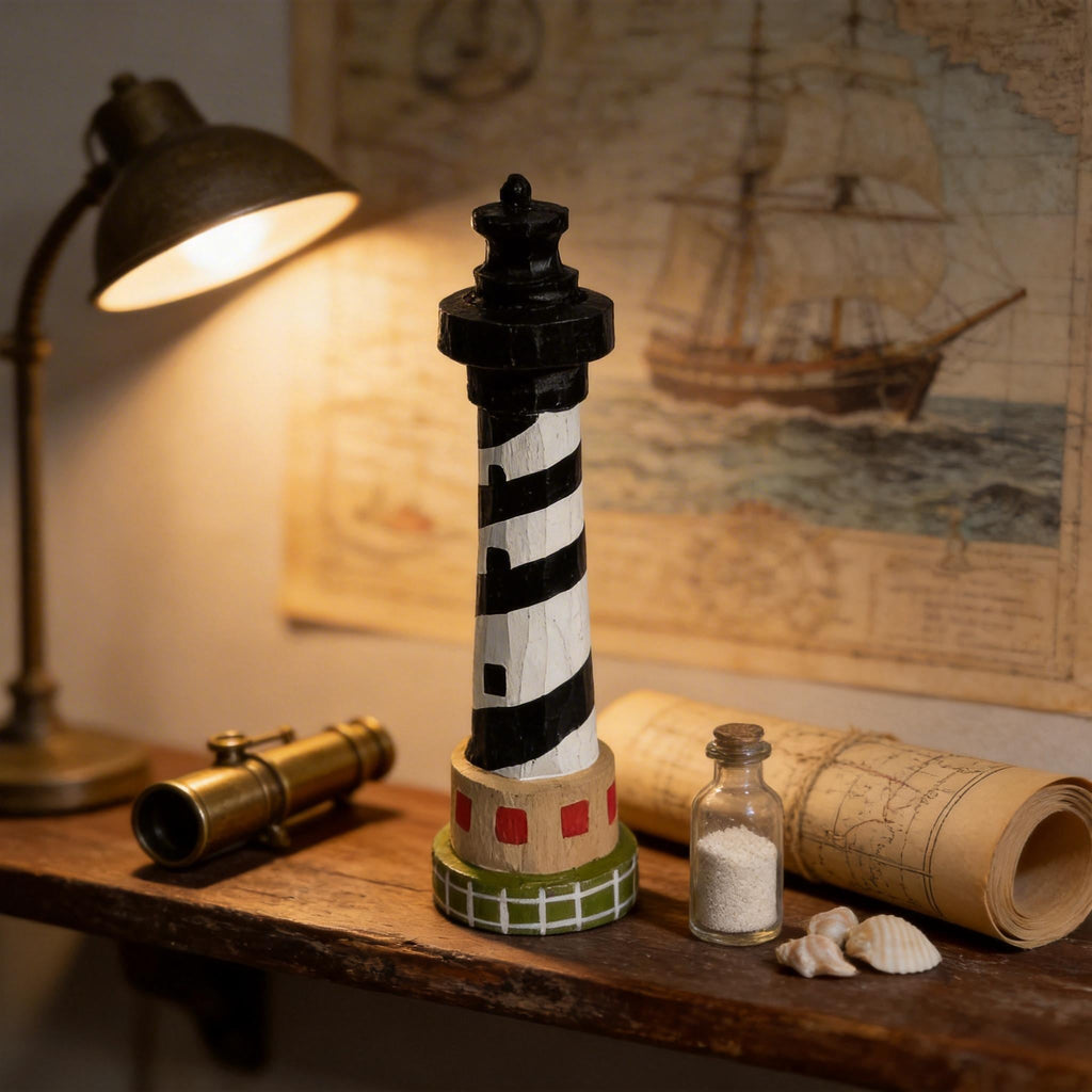 Rustic Hand-Carved Wooden Lighthouse Black and White Nautical Coastal Decor Unique Beach Lover Gift Ocean Theme Nursery Accent