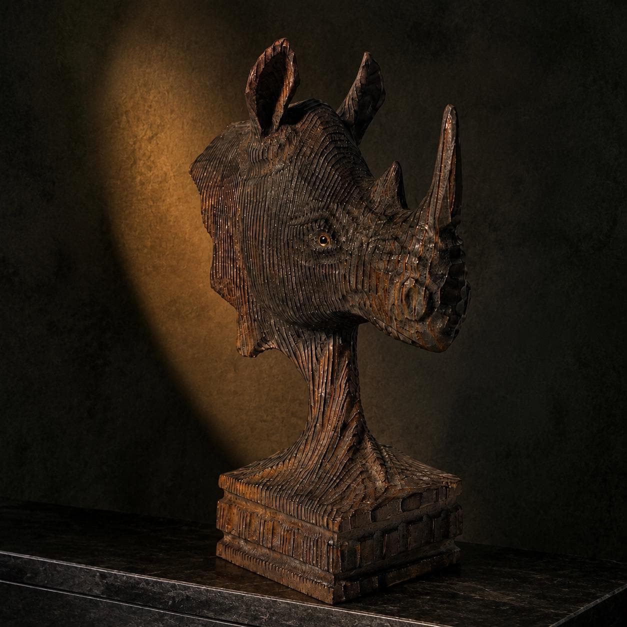 Majestic Wooden Rhino Bust Hand Carved Animal Sculpture Rustic Safari Desk Decor Unique Wildlife Lover Gift for Him