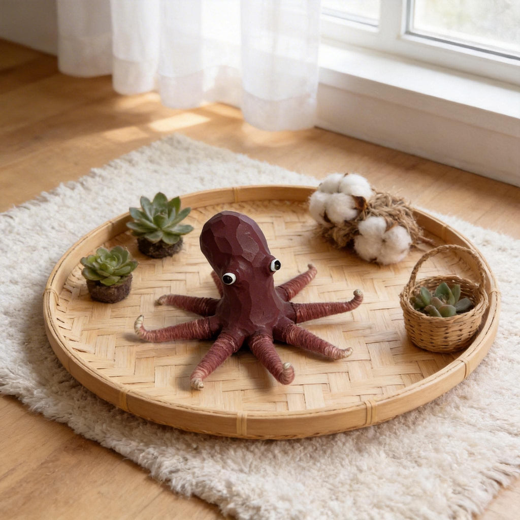 Whimsical Carved Wooden Octopus Figurine, Coastal Yarn Tentacle Sea Creature Decor, Quirky Nautical Desk Accessory, Ocean Lover Gift Idea