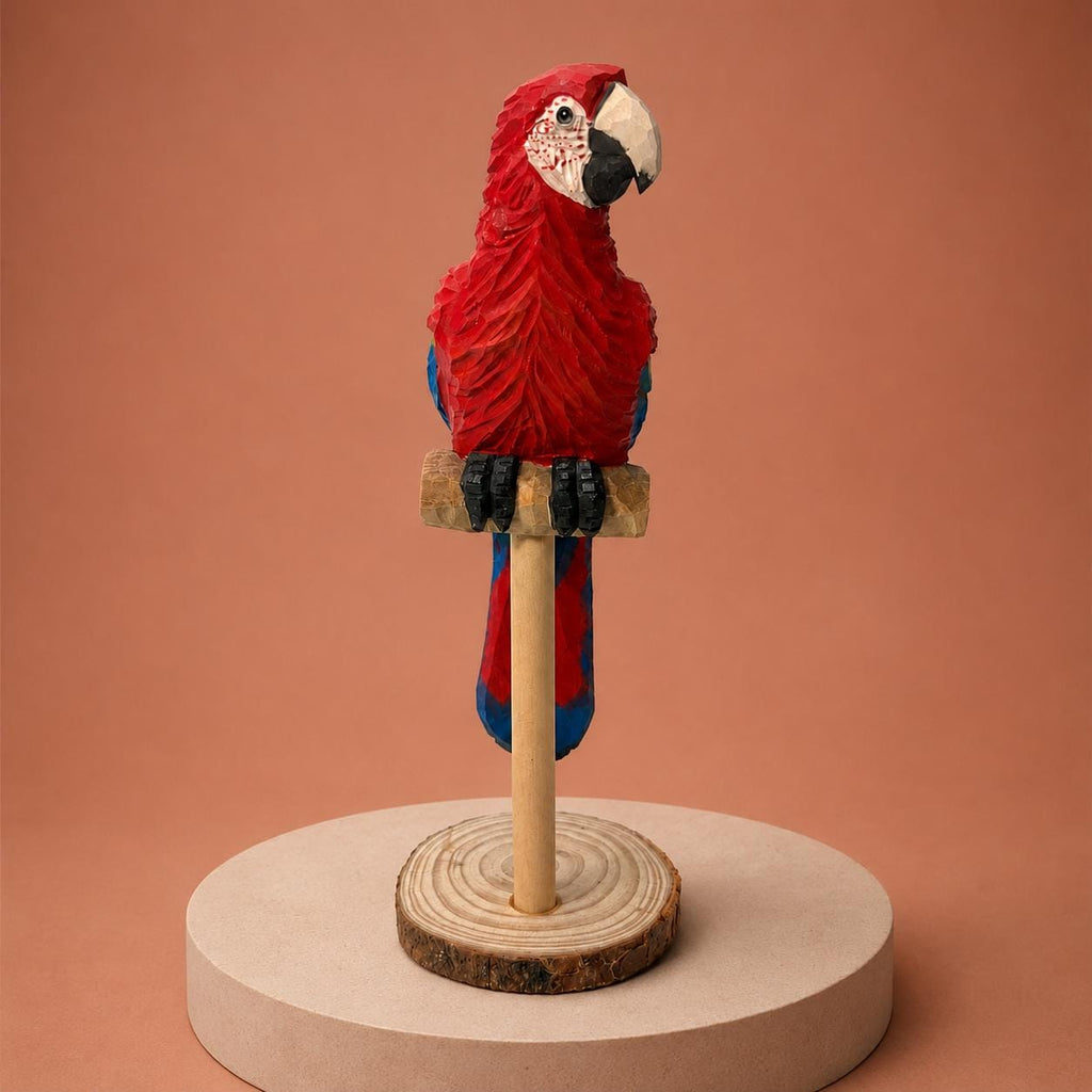 Vibrant Scarlet Macaw Wood Carving Tropical Bird Decor Wooden Parrot Figurine Unique Gift for Bird Lover