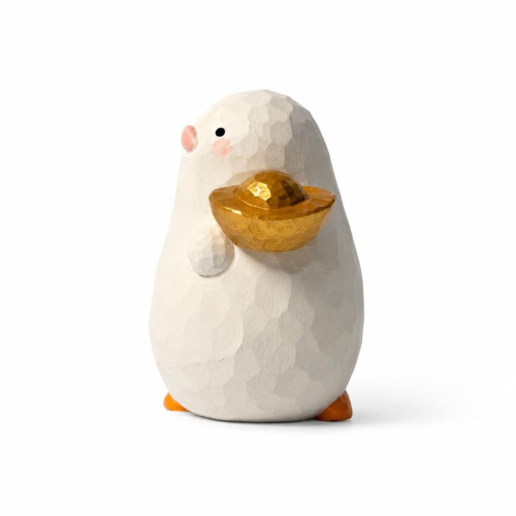 Lucky White Wooden Bird Figurine Hand Carved Wood Duck with Gold Ingot Cute Desk Decor Good Luck Gift for Friend New Job Present
