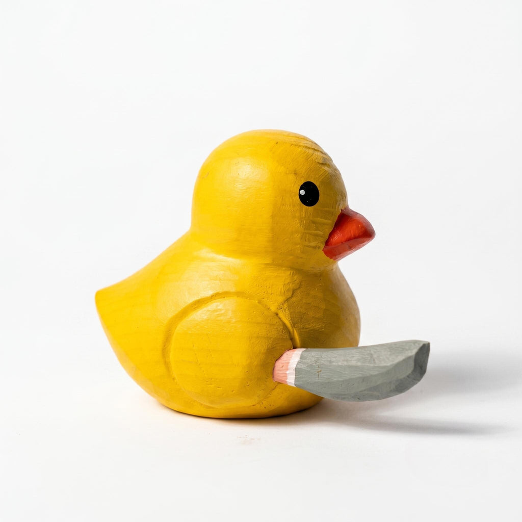 Funny Wooden Duck with Knife Figure Quirky Desk Decor Meme Wood Carving Cheeky Animal Figurine Unique Gag Gift for Co-Worker Humorous Art
