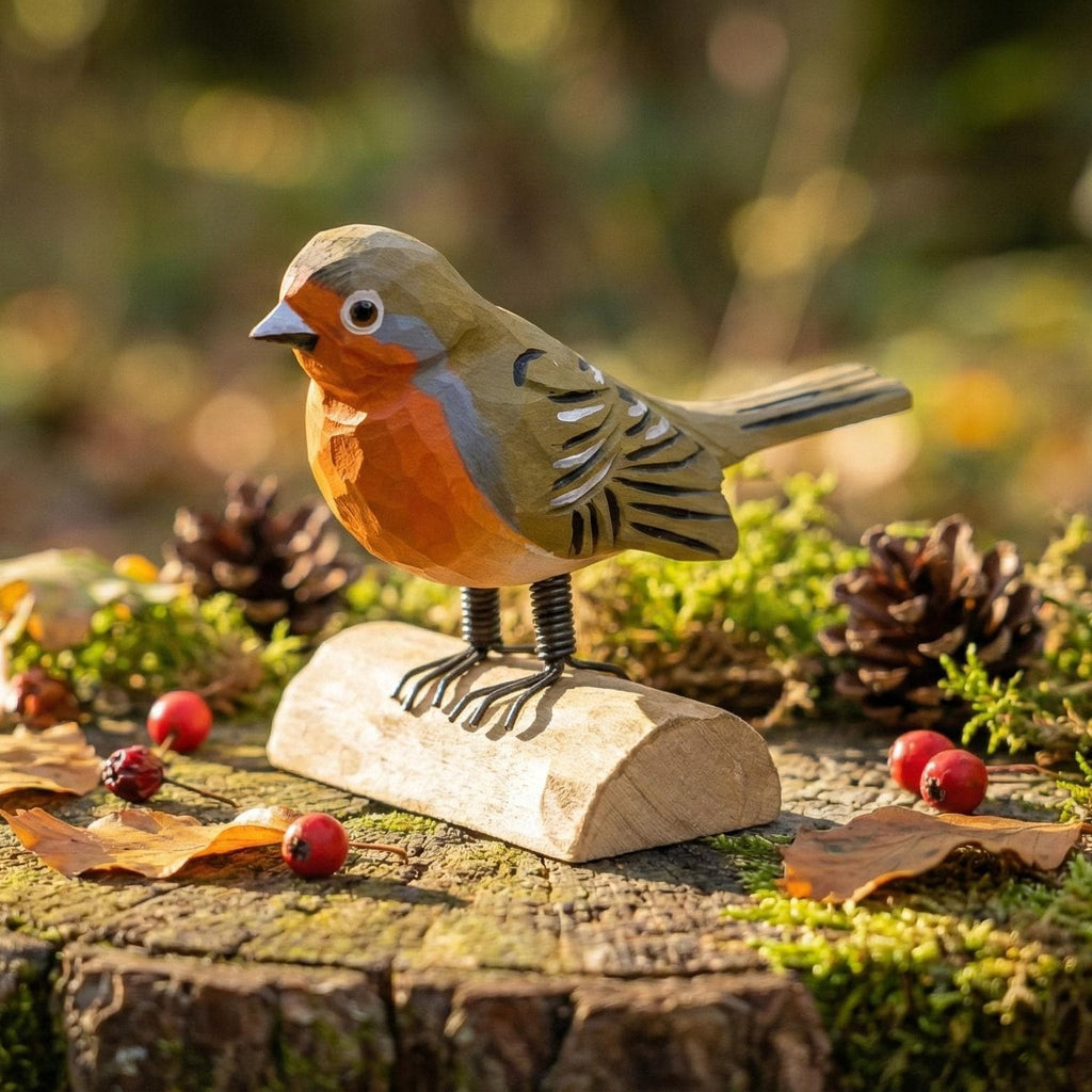 Hand-Carved Wooden Robin Figurine, Rustic Bird Decor on Log Base, Whimsical Nature Lover Gift, Woodland Animal Art, Desk Decor