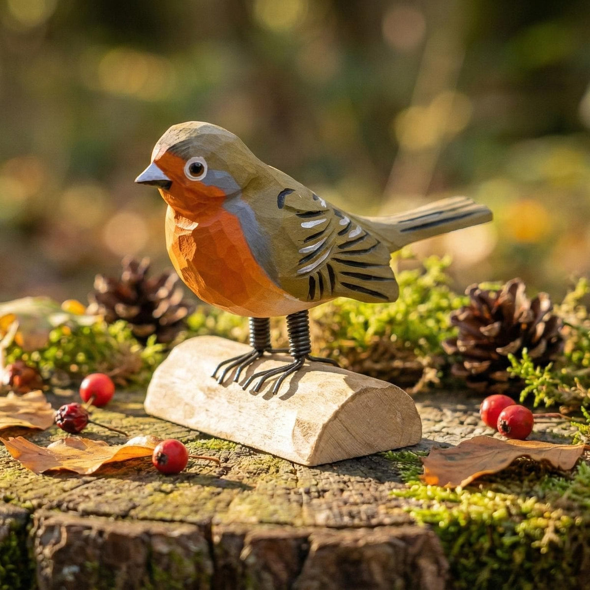 Hand-Carved Wooden Robin Figurine, Rustic Bird Decor on Log Base, Whimsical Nature Lover Gift, Woodland Animal Art, Desk Decor