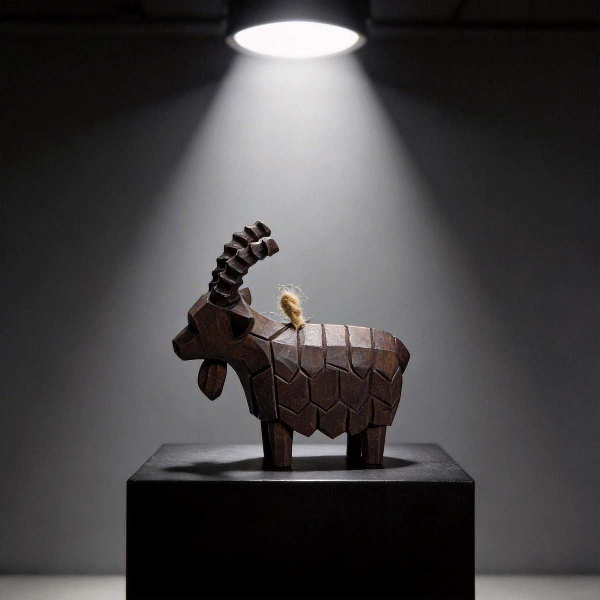 Rustic Geometric Wood Goat Figurine | Hand Carved Mountain Ibex Statue | Farmhouse Shelf Decor | Unique Wooden Animal Lover Gift