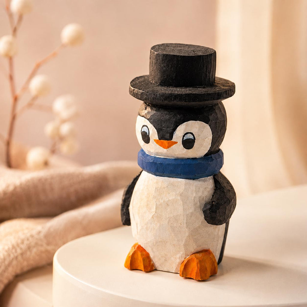Whimsical Wooden Penguin Figurine, Hand Carved Bird, Top Hat Winter Decor, Rustic Wood Animal, Cute Christmas Gift
