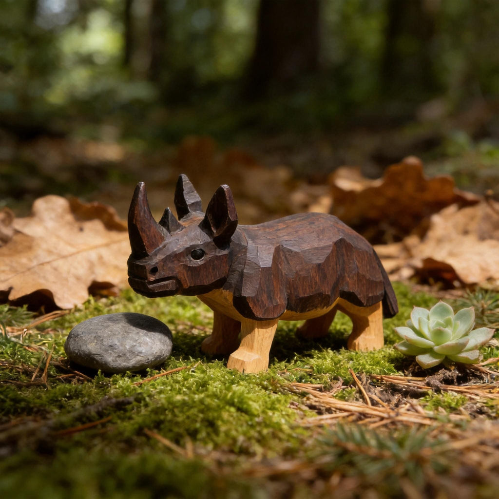 Rustic Hand Carved Wooden Rhino Figurine Geometric Wood Animal Sculpture Safari Decor Nursery Art Unique Gift for Animal Lover