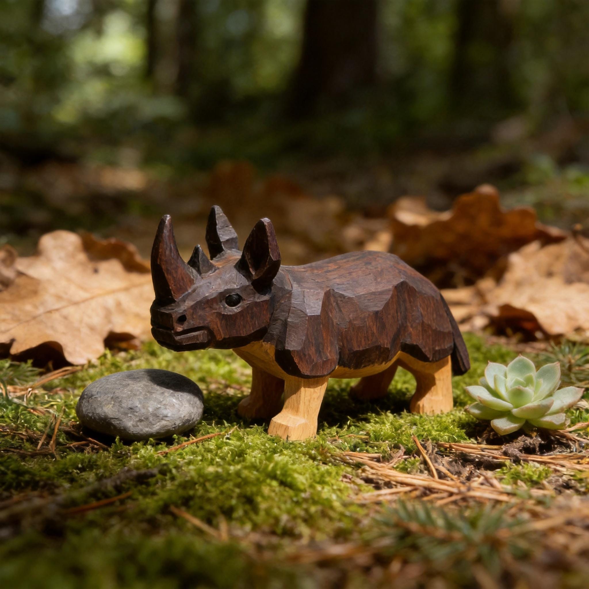 Rustic Hand Carved Wooden Rhino Figurine Geometric Wood Animal Sculpture Safari Decor Nursery Art Unique Gift for Animal Lover