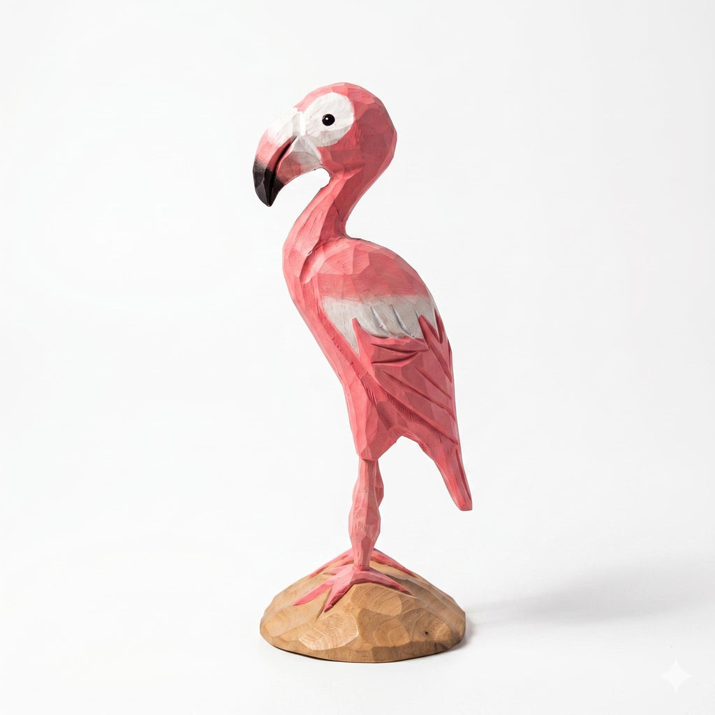 Whimsical Pink Flamingo Wood Carving Geometric Animal Sculpture Tropical Decor Hand Carved Bird Figurine Unique Gift for Bird Lover