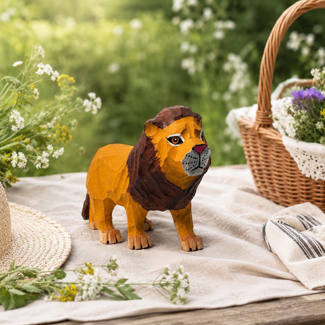 Hand-Carved Wooden Lion Figurine | Whimsical Wood Animal Sculpture | Geometric Desk Decor | Safari Lover Gift Idea