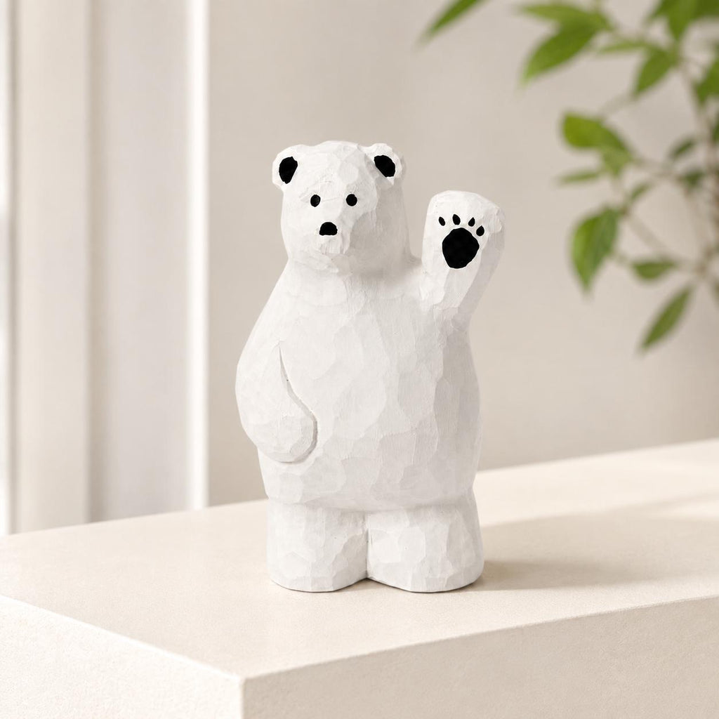Friendly Waving Polar Bear Wood Carving, Handmade Arctic Animal Figurine, Whimsical Desk Pet, Winter Nursery Decor, Cute Wood Gift for Kids