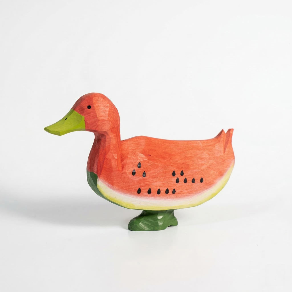 Whimsical Wooden Watermelon Duck Figurine | Hand Carved Wood Bird Sculpture | Summer Tropical Decor | Unique Gift for Animal Lovers