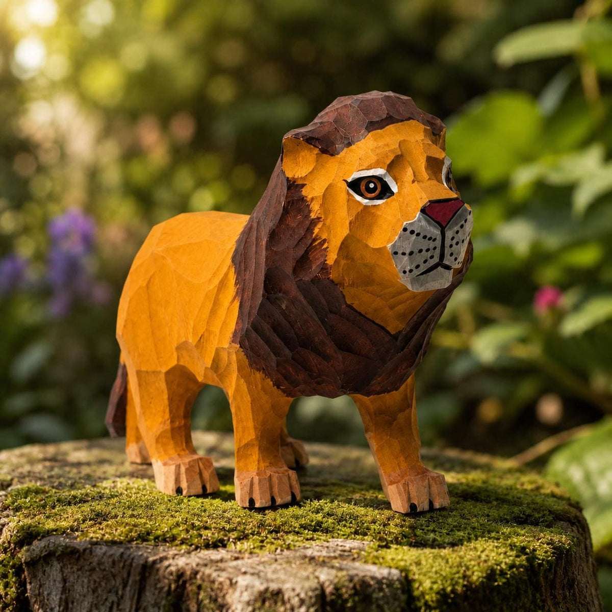 Hand-Carved Wooden Lion Figurine | Whimsical Wood Animal Sculpture | Geometric Desk Decor | Safari Lover Gift Idea