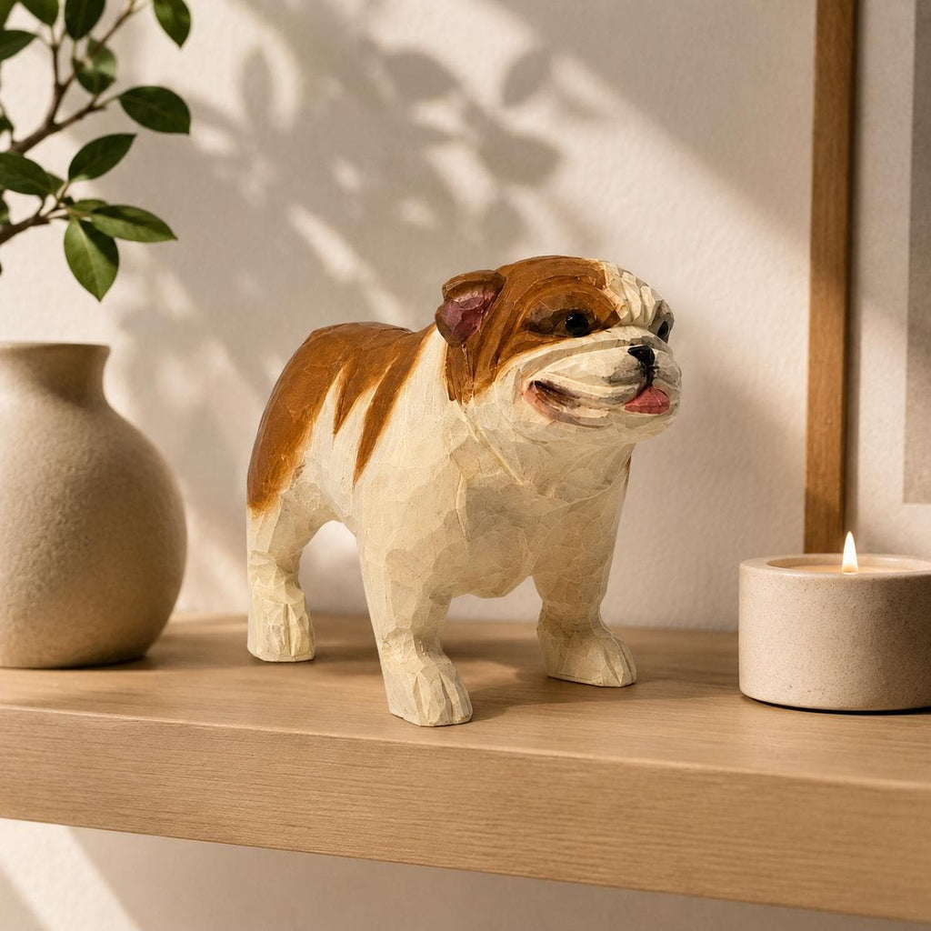 Hand-Carved Wooden Bulldog Figurine | Whimsical British Bulldog Sculpture | Chunky Desk Pet Decor | Dog Lover Gift Idea